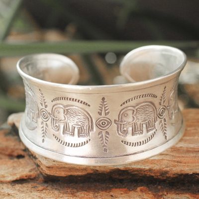 Sterling silver cuff bracelet, 'Elephant Jungle' - Sterling Silver Cuff Bracelet