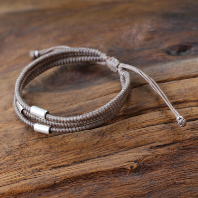 Silver accent wristband bracelet, 'Hill Tribe Friend in Khaki' - Thai Silver Braided Bracelet