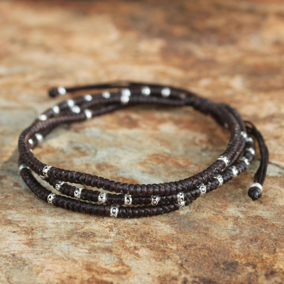 Silver accent wristband bracelet, 'Surreal Brown' - Silver Braided Bracelet