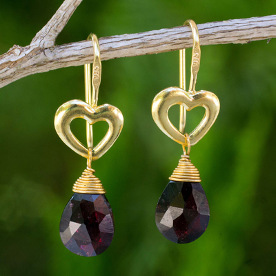 Gold vermeil garnet heart earrings, 'Time to Love' - Handcrafted Heart Shaped Vermeil Garnet Earrings