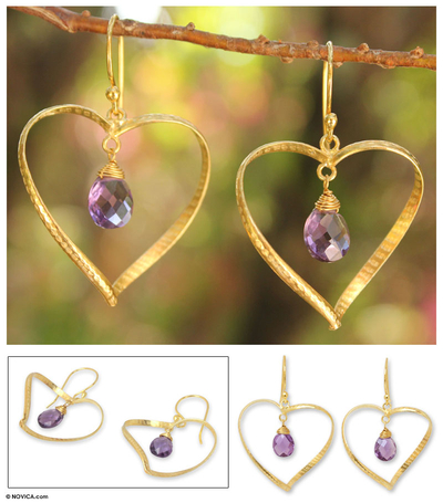 Gold vermeil amethyst heart earrings, 'Love's Secrets' - Gold Vermeil Amethyst Heart Earrings