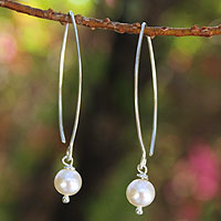 Cultured pearl dangle earrings, 'Precious White' - Pearl and Sterling Silver Drop Earrings from Thailand