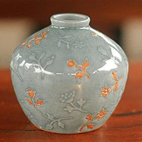 Celadon ceramic vase, 'Autumn in My Heart' - Floral Celadon Ceramic Vase