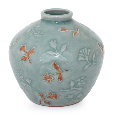 Celadon ceramic vase, 'Autumn in My Heart' - Floral Celadon Ceramic Vase
