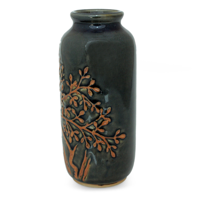 Celadon ceramic vase, 'Golden Tree' - Fair Trade Celadon Ceramic Vase