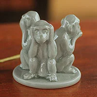 Celadon ceramic figurines, 'Green Monkeys Shun Evil' - Green Ceramic See, Hear, Speak No Evil Monkeys