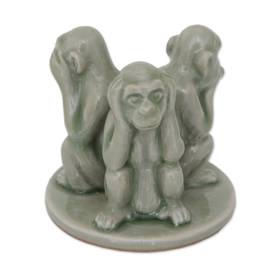 Figuritas de cerámica celadón - Escultura de mono de cerámica artesanal.