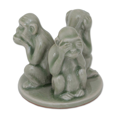 Celadon ceramic figurines, 'Green Monkeys Shun Evil' - Artisan Crafted Ceramic Monkey Sculpture