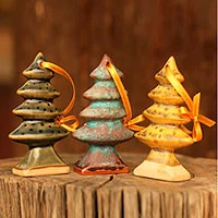 Celadon ceramic Christmas ornaments, 'Winter Pines' (set of 3)