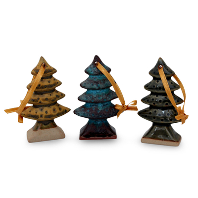 Celadon ceramic Christmas ornaments, 'Winter Pines' (set of 3) - Celadon ceramic Christmas ornaments (Set of 3)