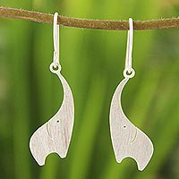 Sterling silver dangle earrings, 'Elephant Greeting' - Handcrafted Brushed Sterling Silver Elephant Earrings 