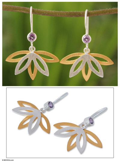 Gold plated amethyst flower earrings, 'Thai Lotus' - Gold plated amethyst flower earrings