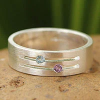 Blue topaz and amethyst band ring, 'Love Key' - Blue topaz and amethyst band ring