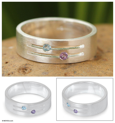 Blue topaz and amethyst band ring, 'Love Key' - Blue topaz and amethyst band ring