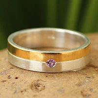 Gold plated amethyst band ring, 'Love Sign' - Sterling and Gold Plated Ring with Amethyst Solitaire