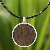 Men's wood pendant necklace, 'Moon Hero' - Men's Wood Pendant Necklace