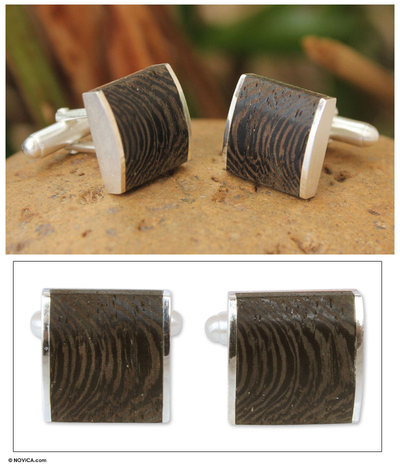 Sterling silver cufflinks, 'Majestic Nature' - Handcrafted Modern Sterling Silver Wood Cufflinks