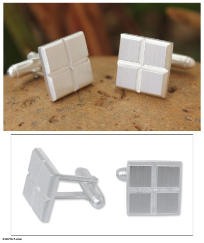 Sterling silver cufflinks, 'Squared Geometry' - Sterling silver cufflinks