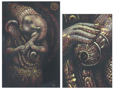Ganesha toca la flauta del Señor Krishna I - Pintura hindú de comercio justo