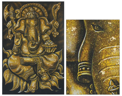 'Successful Blessing of Ganesha l' - Ganesha Blessing Acrylic and Gold Foil Painting 