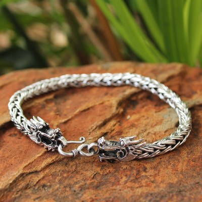 Men's sterling silver bracelet, 'Brave Nagas' - Men's Sterling Silver Dragon Bracelet