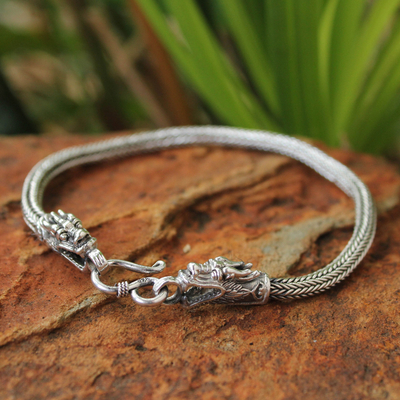 Men's sterling silver bracelet, 'Naga Allies' - Men's Thai Sterling Silver Dragon Bracelet