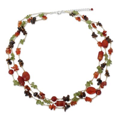 Carnelian and tiger's eye beaded necklace, 'Exciting Times' - Peridot and Carnelian Beaded Necklace