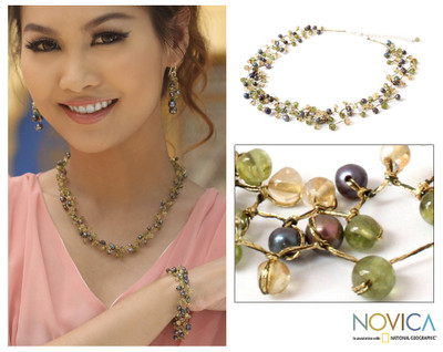 Cultured pearl and peridot beaded necklace, 'Bright Passion' - Beaded Pearl and Peridot Necklace