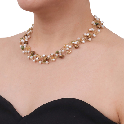 Halskette aus Zuchtperlen und Citrinperlen - Perlenkette mit mehreren Edelsteinen