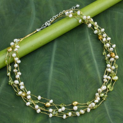 Cultured pearl and peridot beaded necklace, 'Cloud Forest' - Pearl and Peridot Necklace
