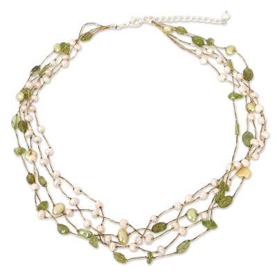 Cultured pearl and peridot beaded necklace, 'Cloud Forest' - Pearl and Peridot Necklace