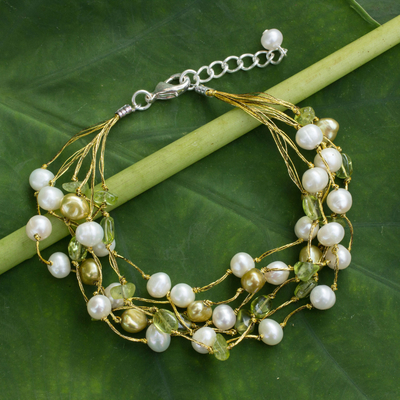 Cultured pearl and peridot beaded bracelet, 'Cloud Forest' - Artisan Crafted Peridot and Pearl Bracelet