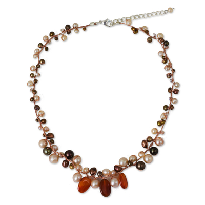 Cultured pearl and carnelian beaded necklace, 'Cinnamon Rose' - Carnelian and Pearl Necklace