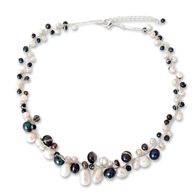 Cultured pearl beaded necklace, 'Monochrome Harmony' - Unique Pearl Necklace