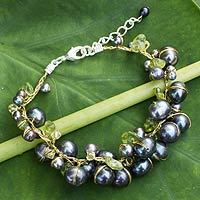 Cultured pearl and peridot beaded bracelet, 'Mist Queen' - Hand Made Peridot and Pearl Bracelet from Thailand