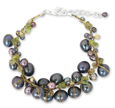 Cultured pearl and peridot beaded bracelet, 'Mist Queen' - Hand Made Peridot and Pearl Bracelet from Thailand