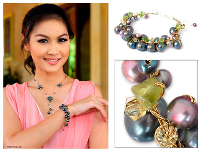 Cultured pearl and peridot beaded bracelet, 'Mist Queen' - Hand Made Peridot and Pearl Bracelet from Thailand