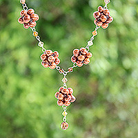 Cultured pearl flower necklace, 'Bronze Mums' - Clustered Brown Pearl Necklace