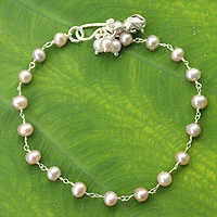 Cultured pearl floral bracelet, 'Pink Rose Horizon' - Handcrafted Silver and Pearl Bracelet from Thailand