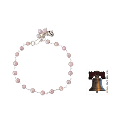 Cultured pearl floral bracelet, 'Pink Rose Horizon' - Handcrafted Silver and Pearl Bracelet from Thailand