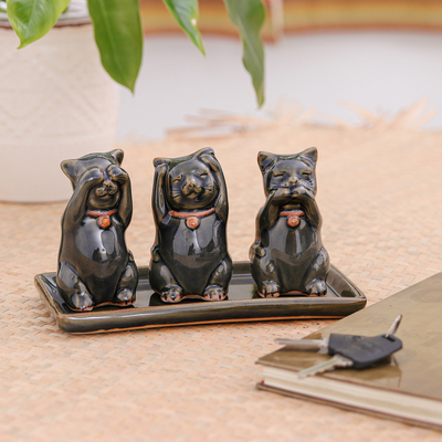 Celadon ceramic figurines, 'Cats Shun Evil' (set of 3) - Celadon ceramic figurines