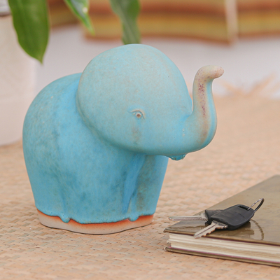 Celadon ceramic statuette, 'Turquoise Elephant Child' - Celadon Ceramic Figurine