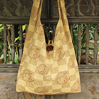 Cotton shoulder bag, 'Golden Blooms' - Cotton shoulder bag