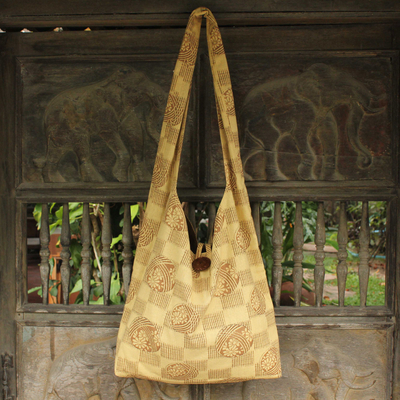 Cotton shoulder bag, 'Golden Blooms' - Cotton shoulder bag