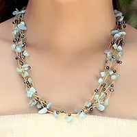 Cultured pearl and aquamarine beaded necklace, 'Afternoon Sigh' - Hand Made Thai Beaded Pearl and Aquamarine Necklace