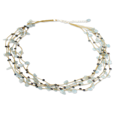 Cultured pearl and aquamarine beaded necklace, 'Afternoon Sigh' - Hand Made Thai Beaded Pearl and Aquamarine Necklace