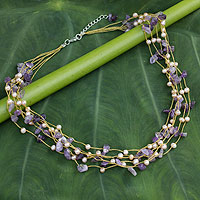 Cultured pearl and amethyst beaded necklace, 'Afternoon Lilac' - Handcrafted Pearl and Amethyst Necklace from Thailand