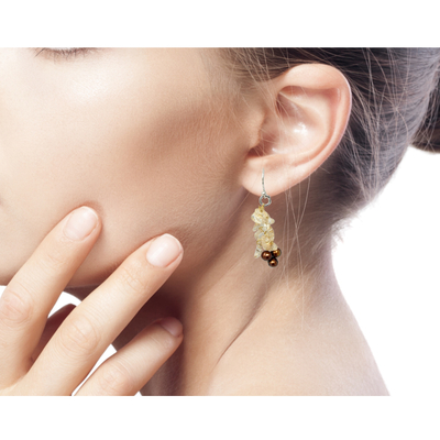 Cultured pearl and citrine cluster earrings, 'Afternoon Light' - Thai Beaded Citrine and Pearl Earrings