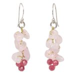 Rose quartz cluster earrings, 'Afternoon Pink' - Handmade Beaded Rose Quartz Earrings