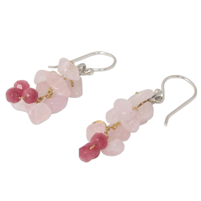 Rose quartz cluster earrings, 'Afternoon Pink' - Handmade Beaded Rose Quartz Earrings